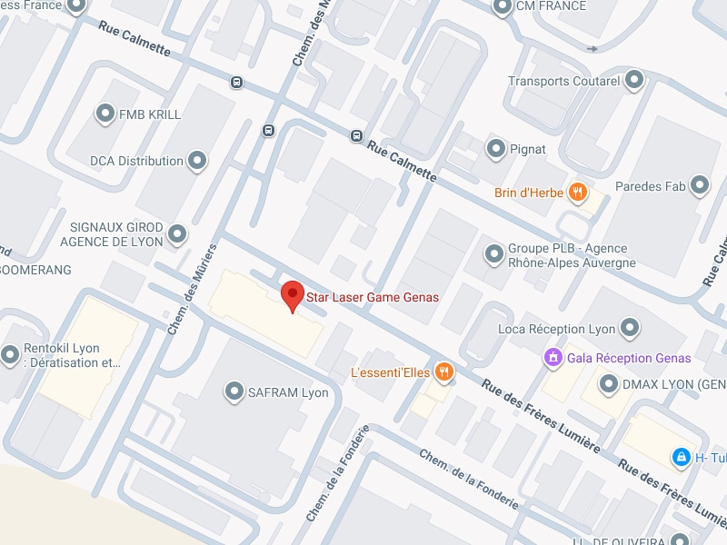 Star Laser Game Genas : Plan et Localisation de l'Activité Plan d'accès Star Laser Game Genas, Chemin des Mûriers, avec entreprises locales et Rue Calmette.