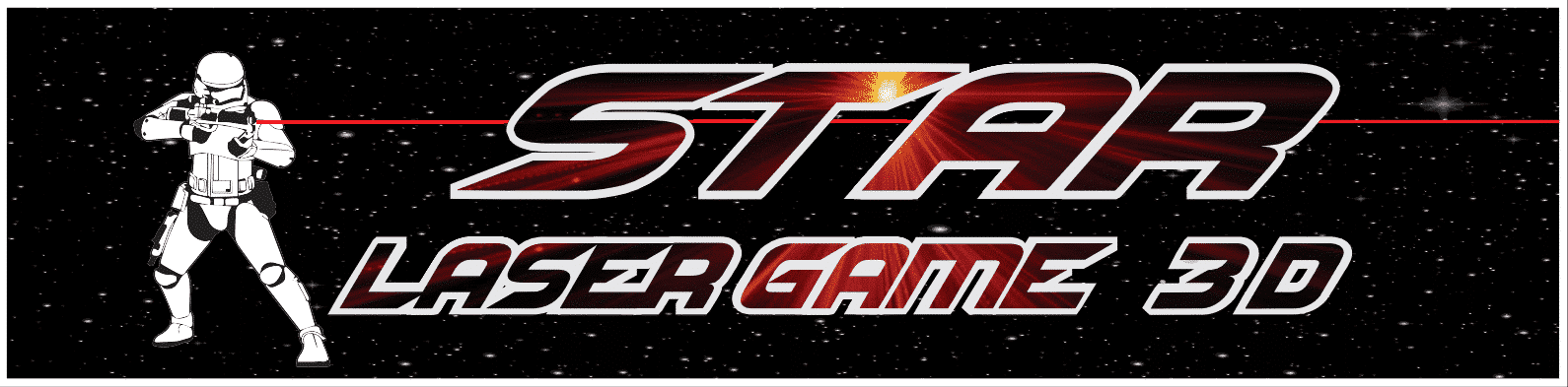Star Laser Game 3D : L'aventure spatiale immersive Stormtrooper tirant un laser rouge devant le logo STAR LASER GAME 3D sur fond spatial étoilé.