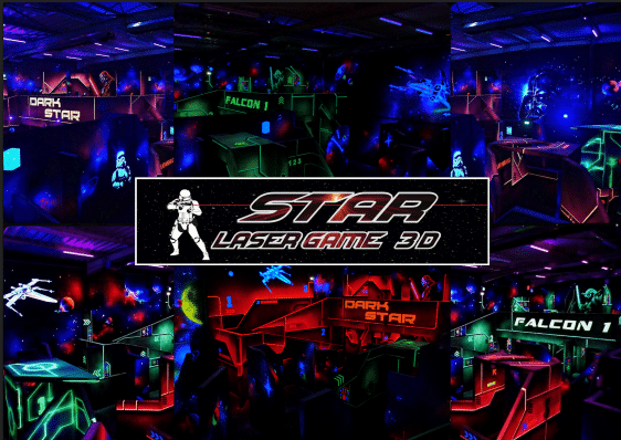 Arène Star Laser Game 3D, laser tag thème Star Wars avec néons, Dark Star et Falcon 1.