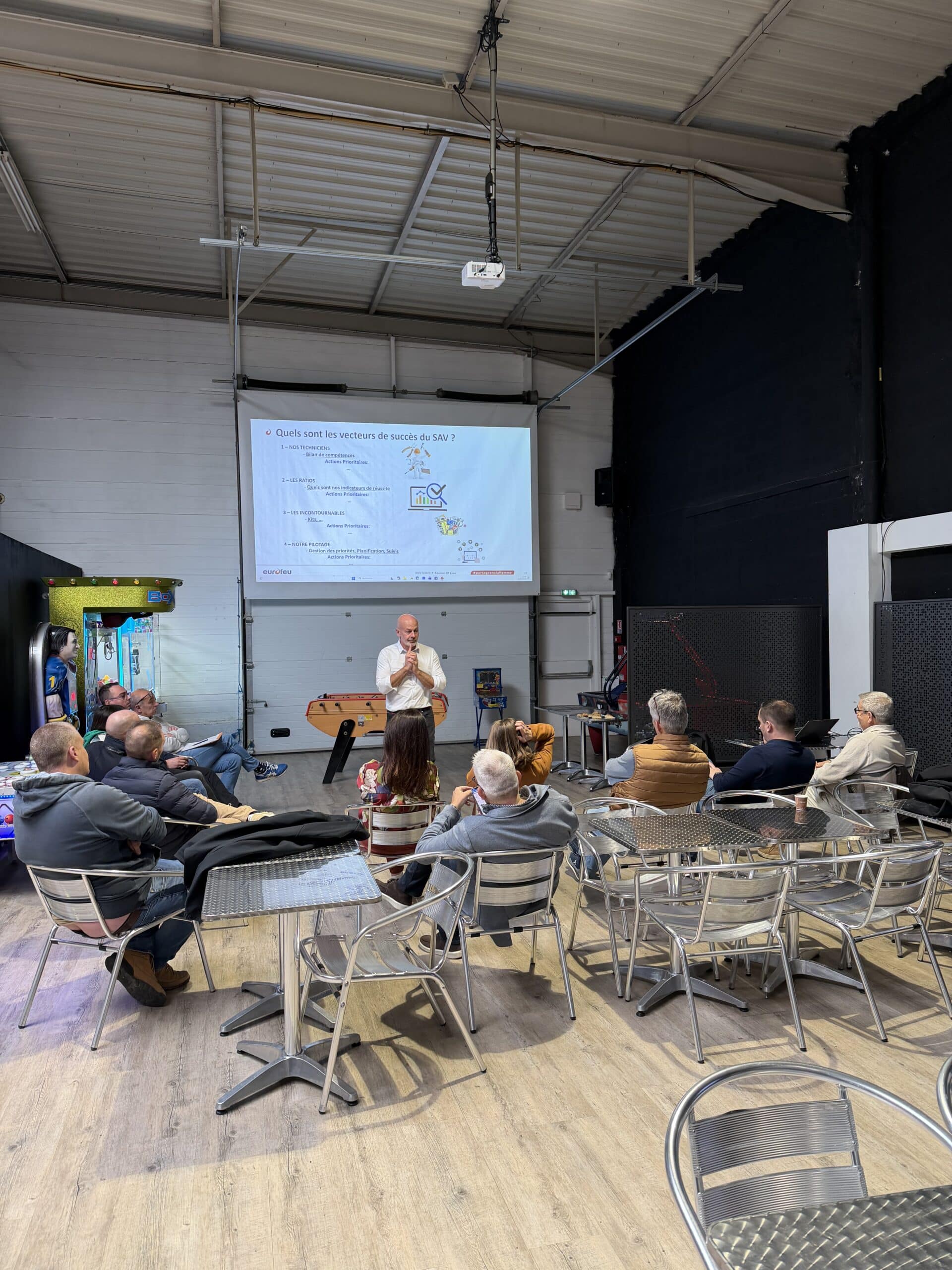 Réunion Eurofeu : présentation des vecteurs de succès du SAV devant une équipe attentive en salle de formation.